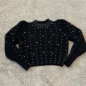 CHICWISH Pearl Embellished Puff Sleeve Sweater Black Party Event Cropped Top S/M